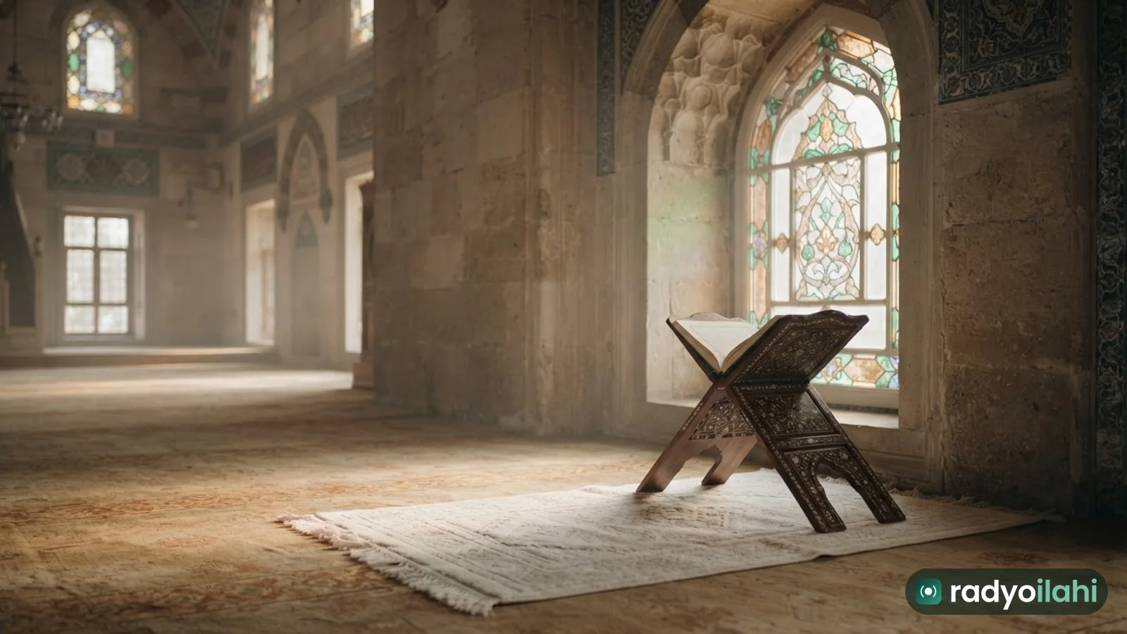 Aydınlık bir cami penceresi önünde ahşap rahle ve seccade