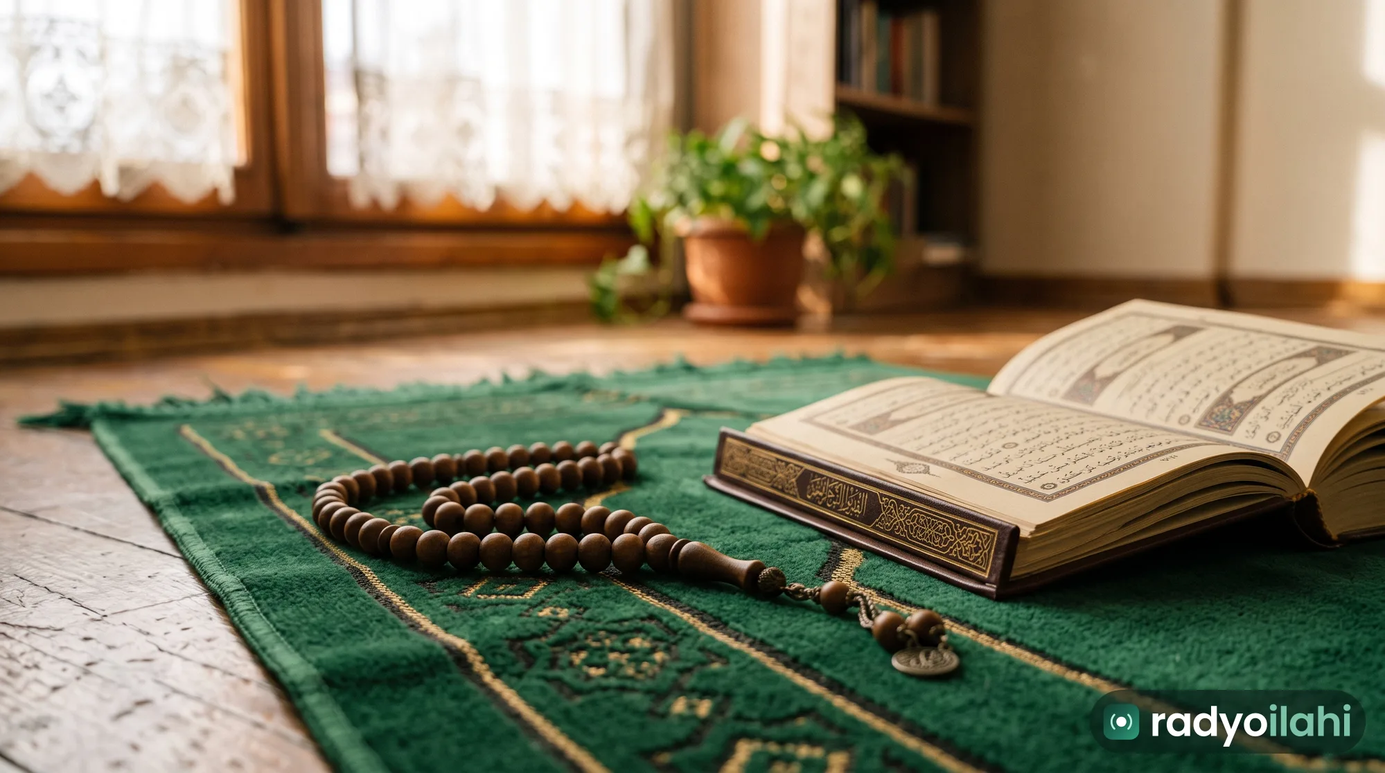 Yeşil seccade üzerinde ahşap tesbih ve dua kitabı